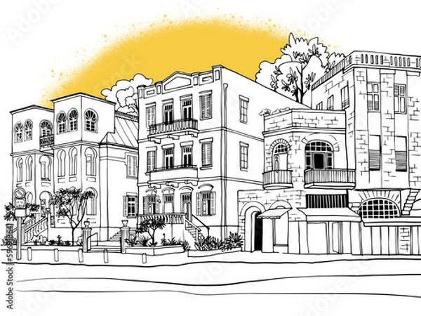Obraz Nice Old street in Tel Aviv, Israel. Ink line sketch. Hand drawing. Vector illustration on  yellow background.