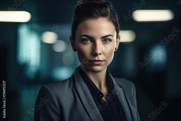 Fototapeta Portrait of a young businesswoman in a business suit looking at the camera.