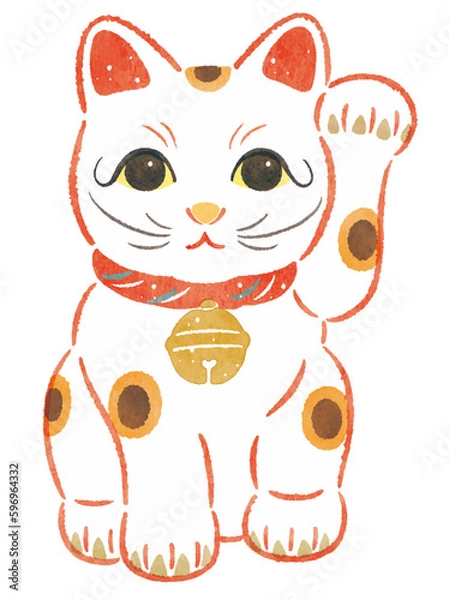 Obraz 「人を招く」左手を上げた縁起物の招き猫　手描きイラスト 