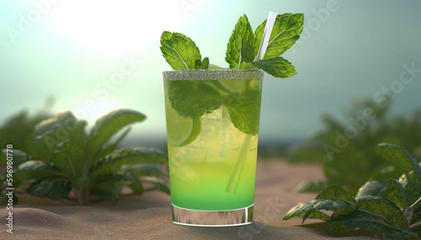 Fototapeta Mint Julep in Paradise: A Summer Cocktail to Savor, Product Photo Mockup, Illustartion, HD Photorealistic - Generative AI