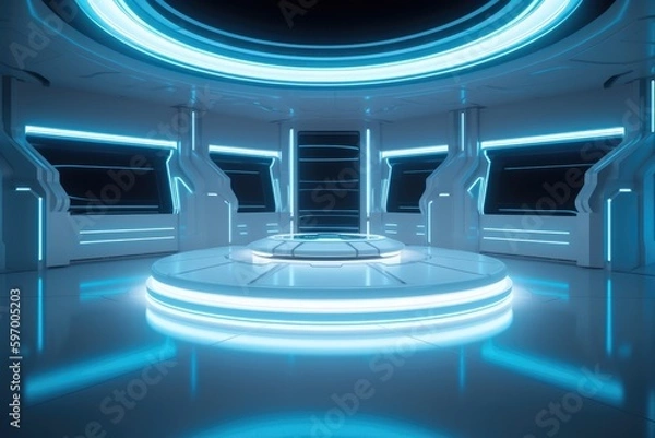 Fototapeta Futuristic spaceship interior with glowing neon lights. Generative Ai