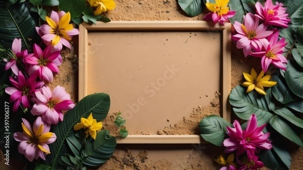 Fototapeta Generative AI wooden frame surrounded by tropical flowers on sand background, framework for invitation or congratulation