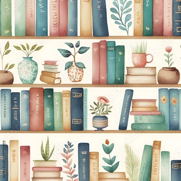 Fototapeta seamless pattern, flat wallpaper, small duplicate designs of a book shelf, watercolor generative ai