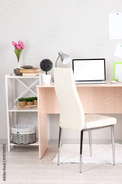 Fototapeta Workplace at home with laptop, close up