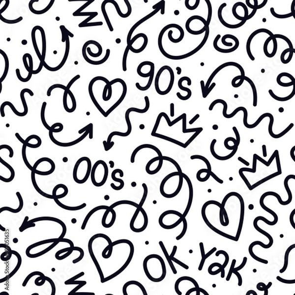 Obraz Trendy squiggles seamless pattern. Fun black white line doodle with shapes crown, heart, numbers of 90s, 00s, y2k with curly confetti. Simple childish print. For textile, backdrop, packaging