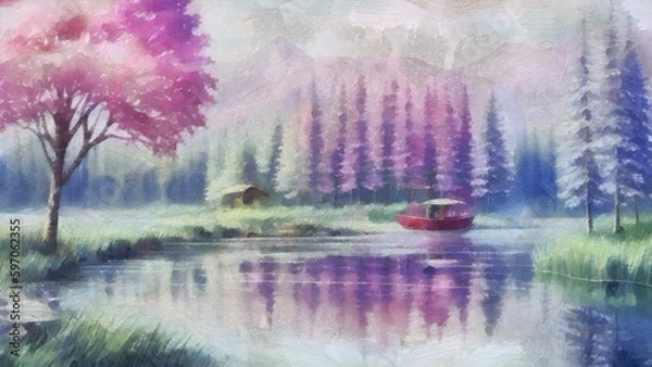 Obraz Rural landscape with a lake, a boat and a forest. Digital painting.