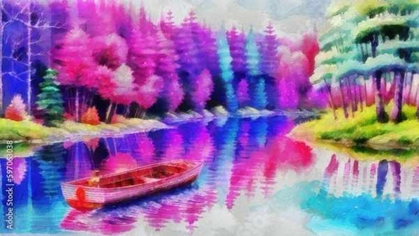 Obraz Rural landscape with a lake, a boat and a forest. Digital painting.