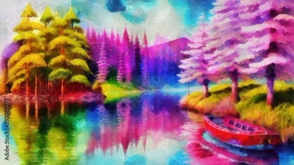 Fototapeta Pine trees on the background of a lake and mountains. Digital painting.