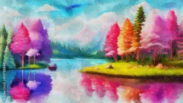 Obraz Beautiful landscape with lake, forest and mountain. Digital painting.