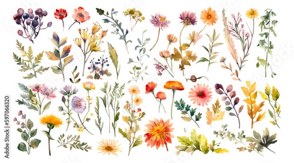 Fototapeta Set watercolor wild flowers, leaves and grass. Collection botanic garden elements. Vector isolated illustration in vintage style