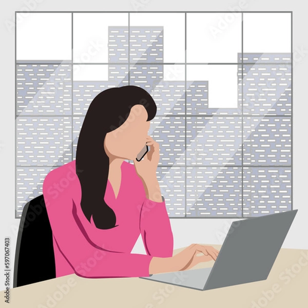 Fototapeta A faceless girl with a phone in her hand sits at a laptop in the office against the background of a window. Online education concept, business concept. Vector image