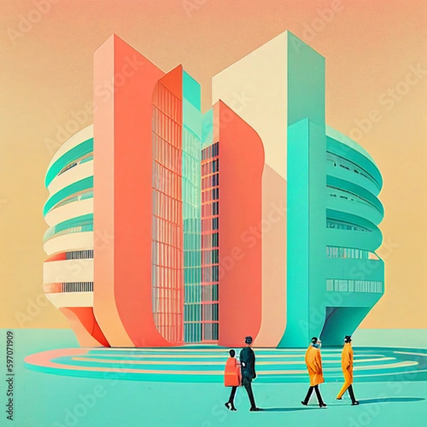 Obraz A painting of people walking in front of a building that says the word  on it.