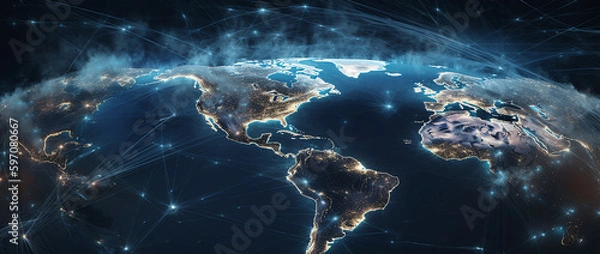 Fototapeta Telecommunication network above North America from space by night with city lights in USA, Canada and Mexico, satellite orbiting Planet Earth for Internet of Things IoT and blockchain
