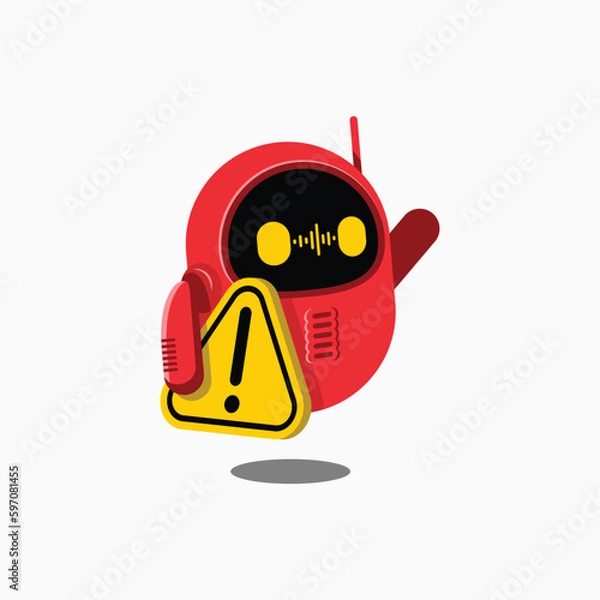 Fototapeta Illustration of a little robot carrying a warning sign.
