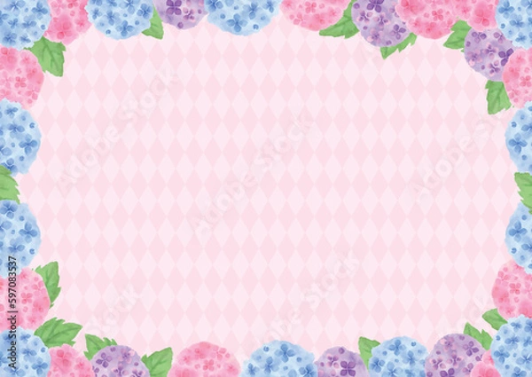 Obraz ピンク背景の水彩手描きの三色のあじさいで囲んだ横型フレーム