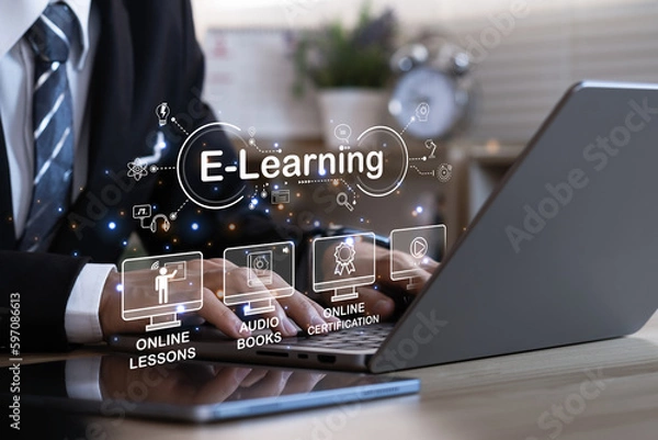 Fototapeta e-learning education concept, learning online with webinar, video tutorial, internet lessons..