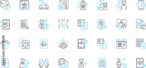 Fototapeta Digital economy linear icons set. Technology, Innovation, Disruption, Automation, Cybersecurity, E-commerce, Cryptocurrency line vector and concept signs. Blockchain,Internet,Mobile outline