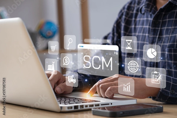 Obraz businessman analyze supply chain management SCM. .Business, Technology, Internet and network concept.