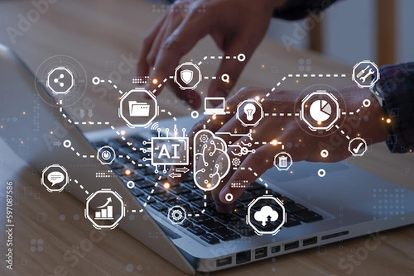 Obraz AI (Artificial intelligence) concept. Artificial intelligence Businessman using AI smart robot technology inputting commands to analyze data and build something..
