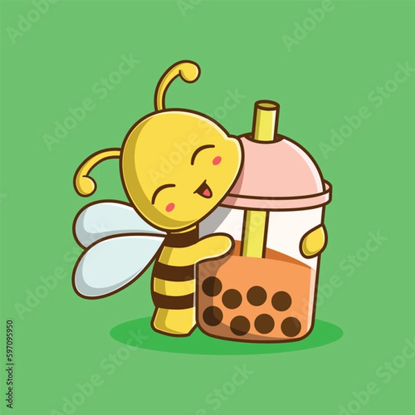 Obraz Vector Cute Bee Hugging Bubble Tea Cartoon Character Illustration