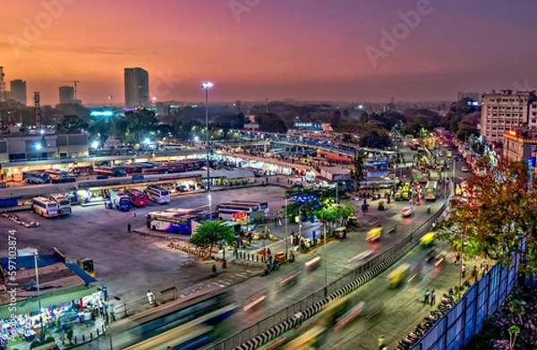 Obraz Long exposure night image of Bangalore(Bengaluru) central bus stand at night.