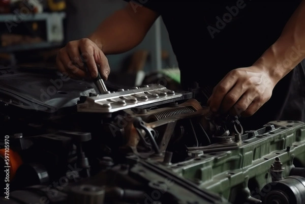 Obraz Professional mechanic  working on the engine of the car in the garage.  Car repair service. Ai generative