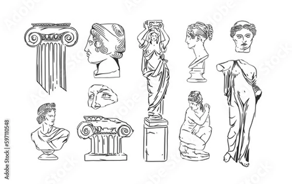 Fototapeta Hand drawn vector abstract outline,graphic,line greek ancient sculpture statue line art modern drawing set.Antique classic statues in trendy bohemian style,outline design concept.Antique statue logo.