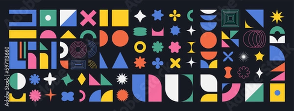 Fototapeta Brutalist abstract shapes, minimalist geometric elements, abstract bauhaus forms. Bauhaus design. Simple star, flower, oval, circle, and other primitive basic form. Swiss design aesthetic. 