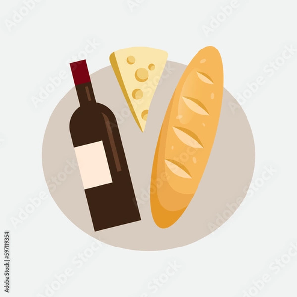 Fototapeta Vector products set. A bottle of wine, a piece of cheese, a crispy baguette.