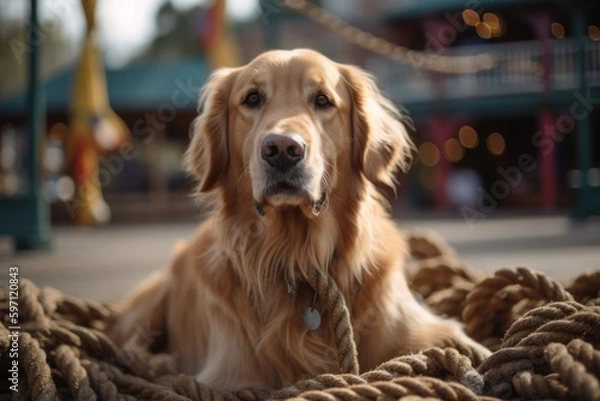 Fototapeta Group portrait photography of an aggressive golden retriever playing with a rope toy against amusement parks background. With generative AI technology