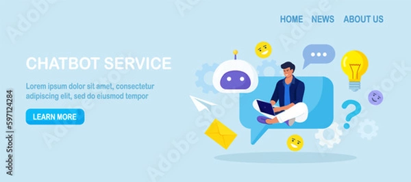 Fototapeta Customer talking with chatbot. Person chatting with robot, asking questions and receiving answers. Artificial Intelligence in marketing. FAQ. Chat bot virtual assistant. Customer support