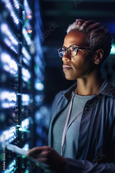 Fototapeta In the digital heart of a data center, a 45-year-old Afro-American woman IT expert weaved her expertise, nurturing the veins of technology that connect the world. Generative AI