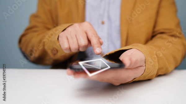 Fototapeta Businessman texting on smartphone communication and technology concepts