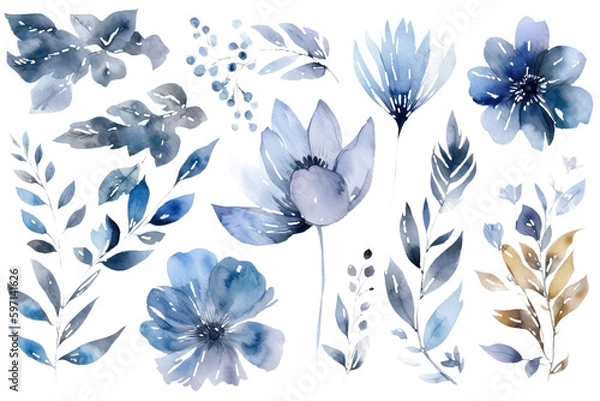 Fototapeta pattern with spring blue flowers and leaves. floral pattern for wallpaper or fabric. AI