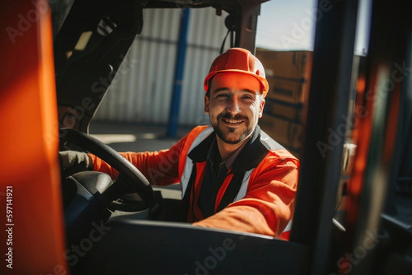 Fototapeta Man wearing a red helmet driving orange reach truck in a outdoor storage. Generative AI