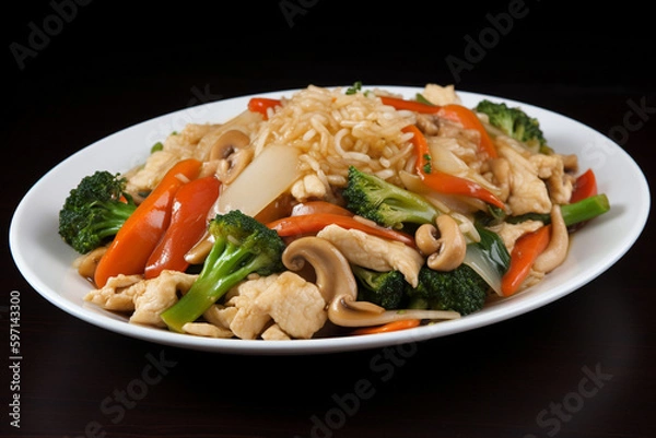 Fototapeta Chicken and vegetable stir fry with rice generative AI