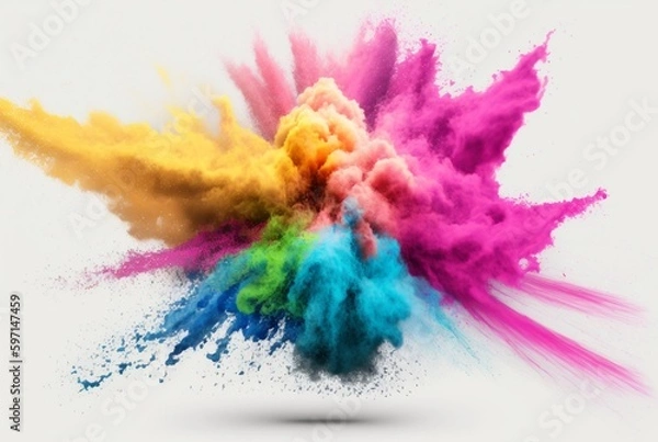 Fototapeta Holi color powder explosion with rainbow on isolated white background, burst of vibrant colors. Generative AI