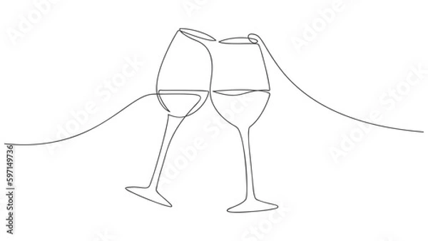 Fototapeta Continuous one line drawing of two glasses of wine. Concept of celebrate. Vector illustration