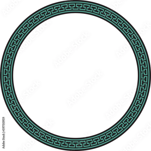 Fototapeta Vector green and black round frame, border, classic Greek meander ornament. Patterned circle, ring of Ancient Greece and the Roman Empire..