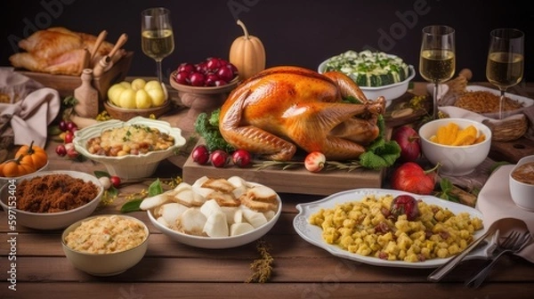 Fototapeta Turkey Lovers Month scene with a delicious turkey dish. black background. Generative AI