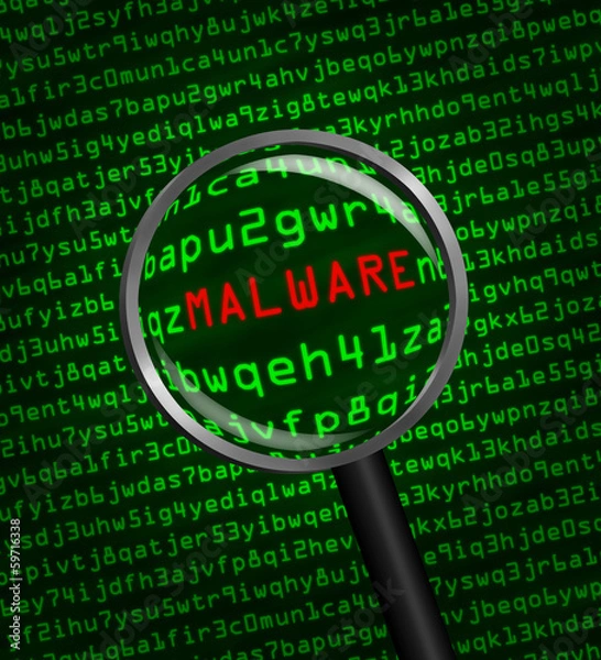 Fototapeta Magnifying glass locating malware in computer code