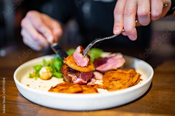 Fototapeta man with a knife and fork cuts grilled duck meat