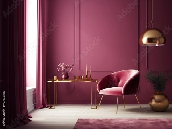 Fototapeta Interior mockup. Chair, gold lamp, modern chic interior decor. Generative AI