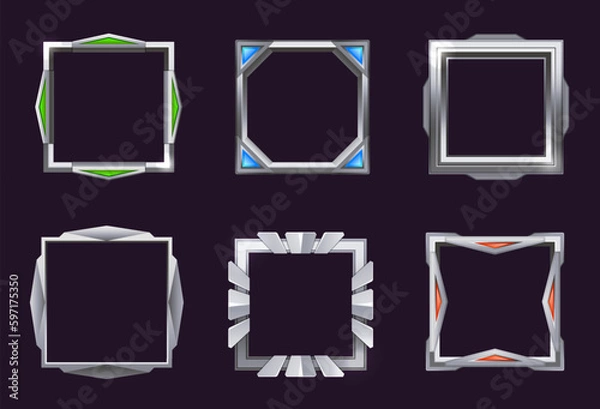 Obraz Game ui square frame. Silver frames with colorful gemstones
