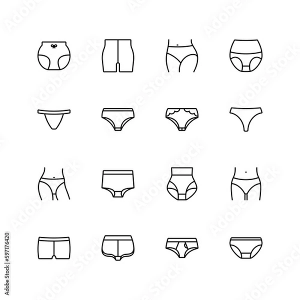 Obraz Panties icons set. Introduced pantaloons, classic, drawstrings, tanga, lace, string thongs, high waist, shorts, hipster, seamless, daring.