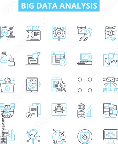 Obraz Big data analysis vector line icons set. Analytics, Mining, Storage, Patterns, Visualization, Machine-learning, Clustering illustration outline concept symbols and signs