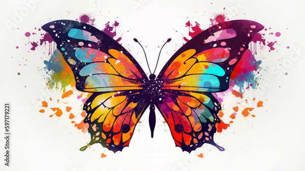 Fototapeta Colorful butterfly painted with watercolor splashes illustration. Generative A
