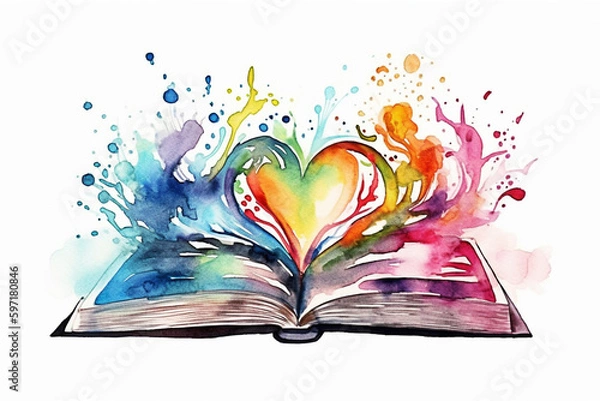 Fototapeta Open book with watercolor splashes and heart illustration. Generative A