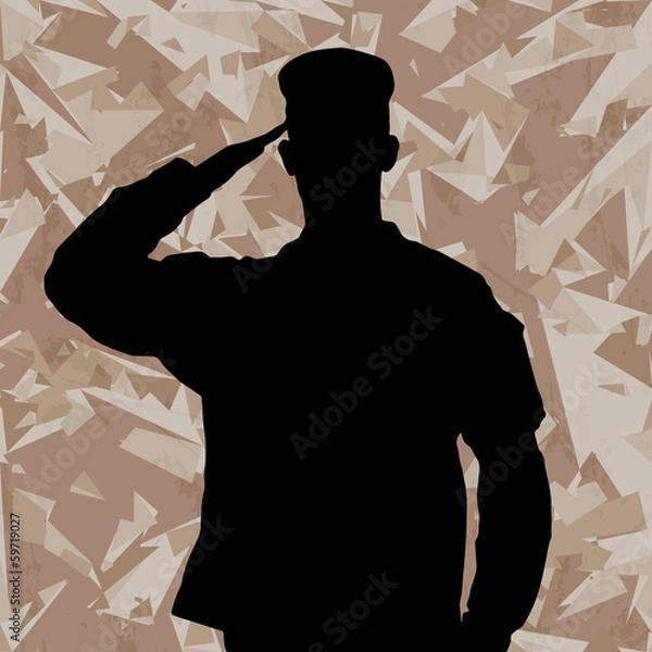 Fototapeta Saluting soldier's silhouette on a desert army camouflage backgr