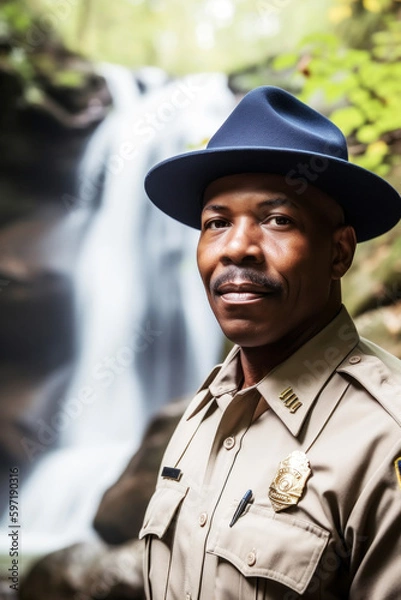 Fototapeta A 42-year-old Afro-American forest ranger stands in a national park on a summer day, in front of a waterfall. He works to protect the natural beauty. Generative AI